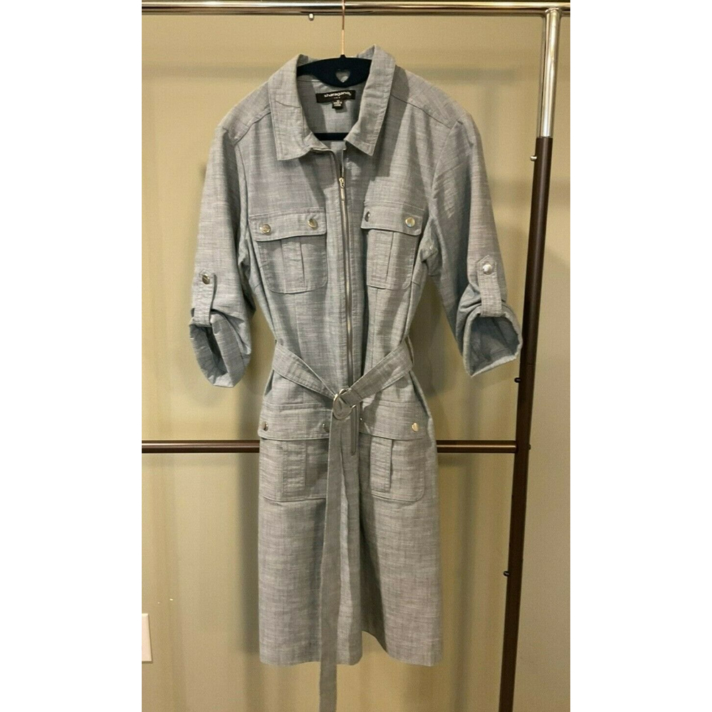Sharagano Zipper Pockets Belted Cargo Shirt Dress 3/4 Sleeve Blue Women's Sz 10